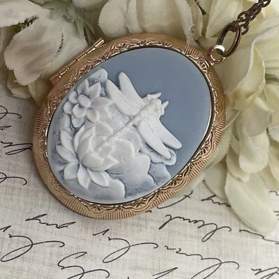 Medallón foto libélula camafeo azul boda oro rosa regalo novia damas de honor Foto 1 de 4