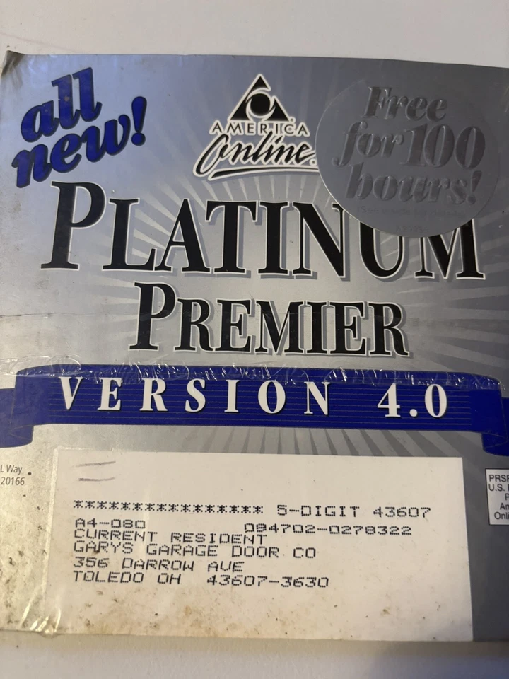 Vintage AOL CD Platinum Version 4.0  100 Free Hours!, Orig. Collectible! - Image 1 of 2