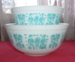 Pyrex Butterprint 402 403 turquoise on white mixing bowl set vntg 1950's EUC - Picture 1 of 11