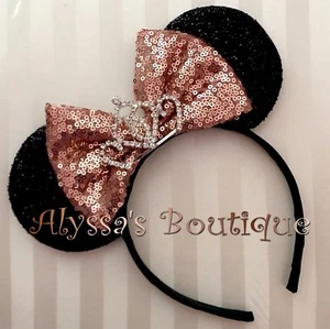 Minnie Mouse Ears Headband Shiny Black Glittery Rose Gold Bow Tiara Crown Cute - Picture 1 of 1