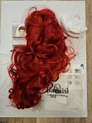 	Pelucas rojas onduladas rizadas largas Baruisi para mujer parte lateral aspecto natural disfraces	 Foto 1 de 2