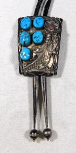 Native American Sterling 5 Nugget Turquoise Coral Handmade Vintage BOLO TIE - Picture 1 of 5