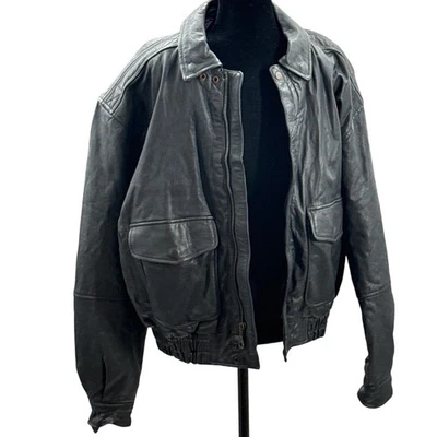 Chaqueta de aviador de cuero negra grande vintage Y2K para hombre Foto 1 de 4