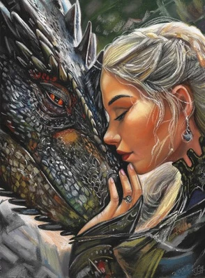 dibujo original 30 x 40 cm 302AG obra de arte pastel moderno mujer y dragón Foto 1 de 2