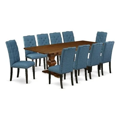 East West Furniture Dinner Table and 10 Blue Dining Chair in Antique Walnut - Image 1 of 4