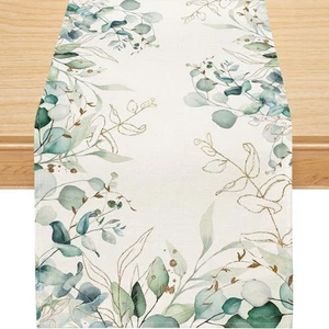 Spring Summer Table Runner, Spring Summer Decorations Off White Eucalyptus Le... - Picture 1 of 6