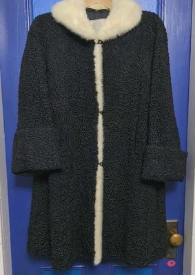 VTG 50's Pollack's Furs PA Black Curly Persian Lamb Coat W/Mink Collar/Trim L/XL - Image 1 of 4