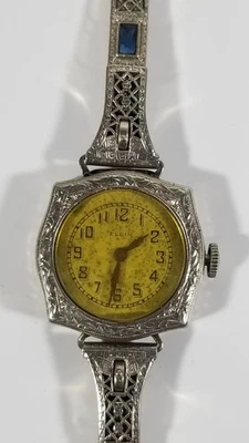 Antique Elgin 14k white gold womens ladies watch 4 grams blue sapphires 1923 vtg - Image 1 of 4