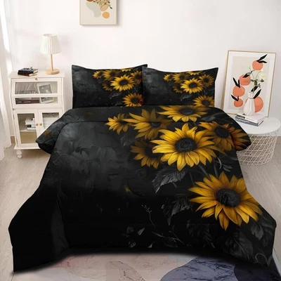 Edredón Floral Negro Amarillo Girasol Pintura Edredón Set King Size Botánico Foto 1 de 4