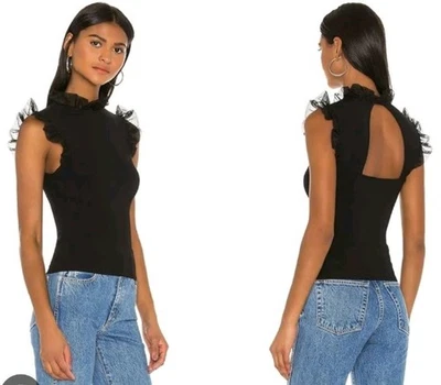 Camiseta sin mangas de lujo Alice + Olivia para mujer con volantes espalda abierta en negro.  Talla XS Bruja Foto 1 de 4