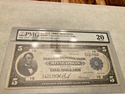 US 1918 $5 FRBN Minneapolis District Note FR 799 VF - Image 1 of 2