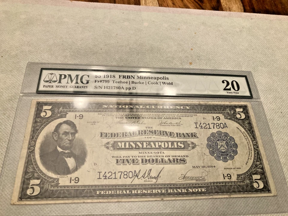 US 1918 $5 FRBN Minneapolis District Note FR 799 VF - Image 1 of 2