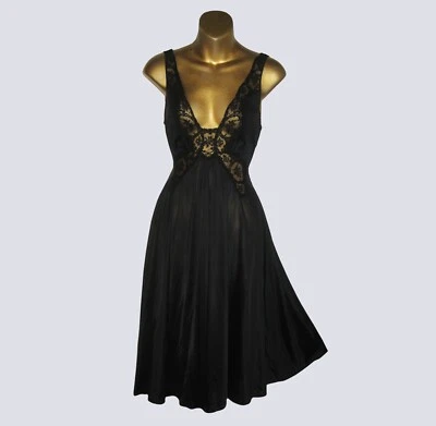 VTG OLGA BODYSILK BLACK NIGHTGOWN ROMANTIC STRETCH BODICE LACE FULL SWEEP  SZ: L - Image 1 of 4