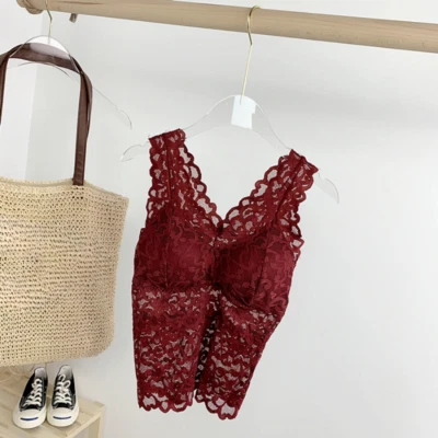 Lady Hollow Out Lace Vest Camisole Mesh Tank Top Wide Strap with Padded Summer - Image 1 of 4