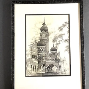 Vintage Art Sketch Malaysia Architecture Artist Signed Black White Framed 13”x7” - Picture 1 of 10