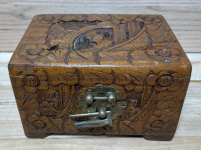 Vintage Hand Wood Carved Trinket Jewelry Box Hinged - Image 1 of 4