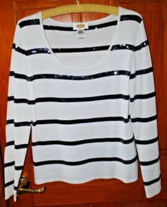 Talbots Dazzling White scoop neck with Black sequined stripes Women Large - Picture 1 of 3