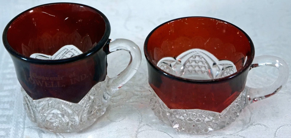 2 Ruby Flash Pressed Glass Cups 1 Souvenir of Lowell, IND. - Image 1 of 4