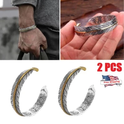 2x Feather Bracelet Vintage Silver Adjustable Cuff Bracelet Fashion Jewelry New - Image 1 of 4