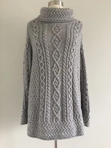 CARRAIG DONN GRAY MERINO WOOL TURTLENECK CABLE KNIT SWEATER SZ L MADE IN IRELAND - Picture 1 of 9