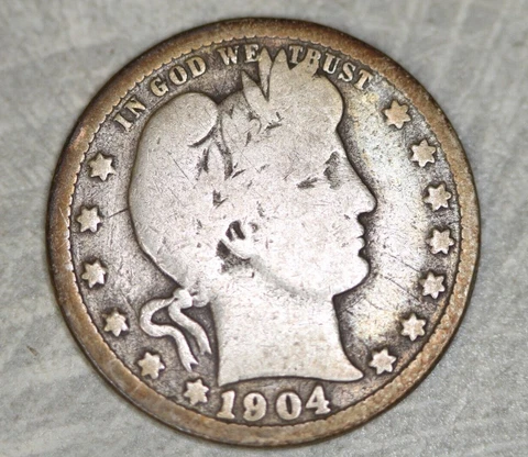 1904 P Barber Head Quarter, VG-F,   Very Good to Fine, 25c Liberty Head Cover
