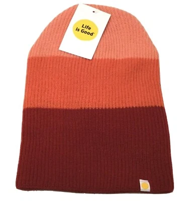 LIFE IS GOOD Coral Naranja Rojo Rayas Tejido Acanalado *Sin Pom Pom* Gorro Invierno Sombrero Foto 1 de 3