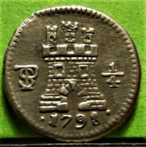 Muy escaso, XF, CARLOS IV, 1/4 Real, 1798, POTOSÍ, COLONIAL ESPAÑOL, Plata, - Imagen 1 de 2