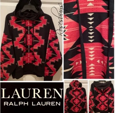 NUEVO CON ETIQUETAS $110 Lauren Ralph Lauren Azteca Suroeste XL/XXL Negro/Rojo Sudadera con Capucha Foto 1 de 4