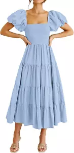 Women'S Casual Summer Midi Dress Puffy Short Sleeve Square Neck Smocked Tiered R - Picture 1 of 12