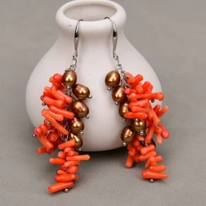 Natural Coffee Color Rice Pearl Orange Coral Dangle Earrings Hook Ear Chain F - Picture 1 of 8
