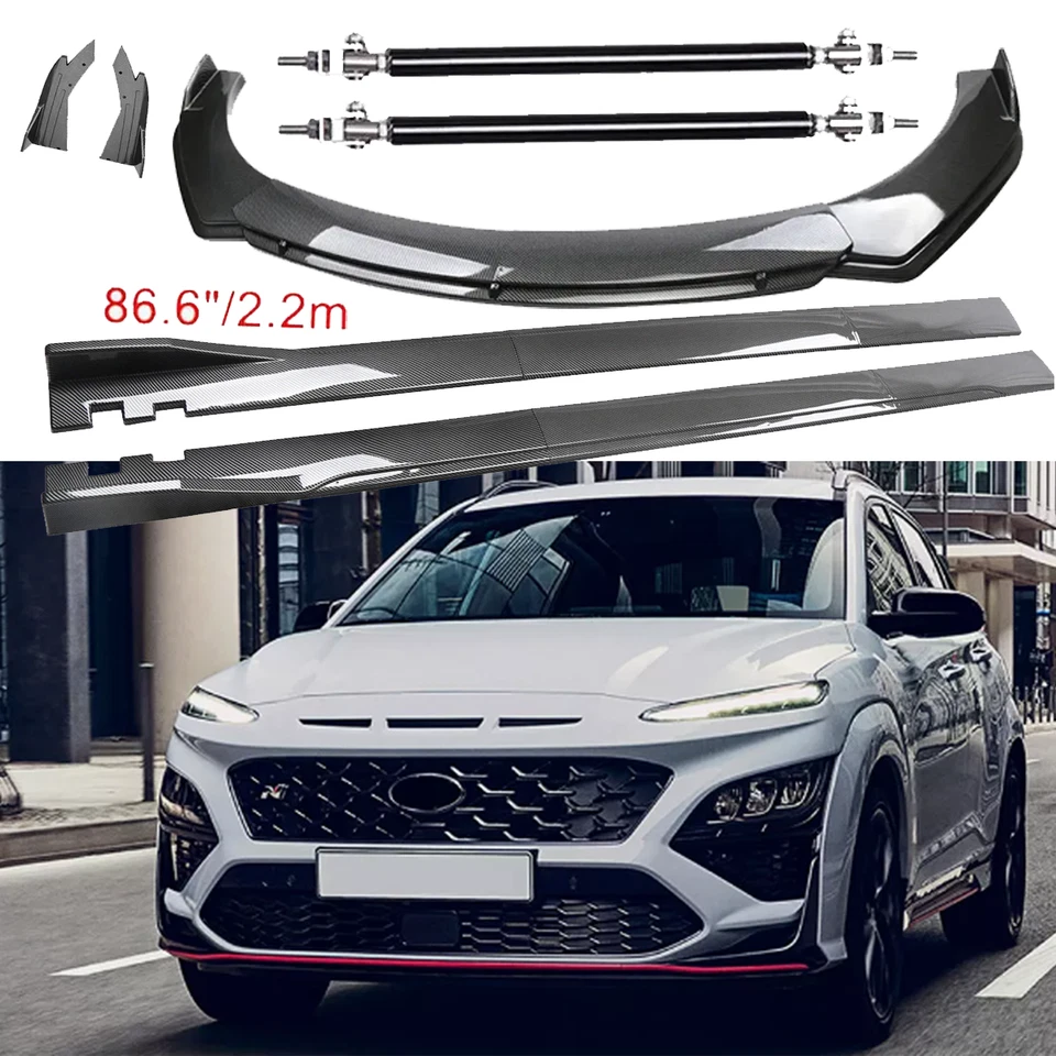 Carbon Fiber Front Bumper Lip Spoiler 86.6" Side Skirt Kit For Hyundai Kona V Foto 1 de 4