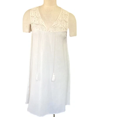 KORI America 纱布蕾丝波西米亚奶油色换装连衣裙流苏领带尺寸 L 148F — 第 1/4 张图片