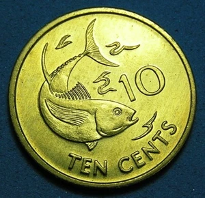 Lot of 4 Coins Seychelles 10 Cents 1997 Tuna Fish, Lustrous UNC, Combined S/H - Picture 1 of 2