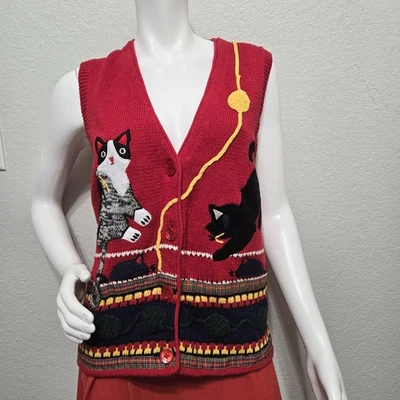 Vintage DonKenny Red Cat-Themed Knitted Vest Size M - Image 1 of 4