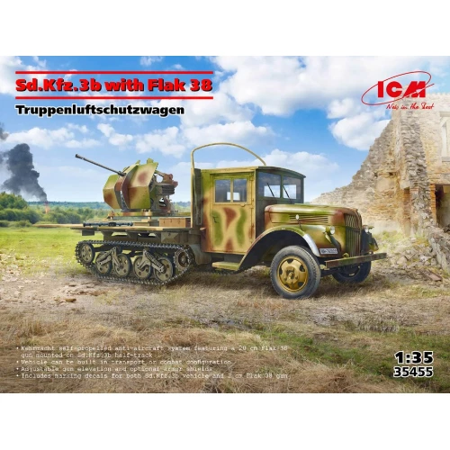 ICM 35455 - 1 3 5 Sd.Kfz.3b Con Flak 38 Aa Gun - Nuova