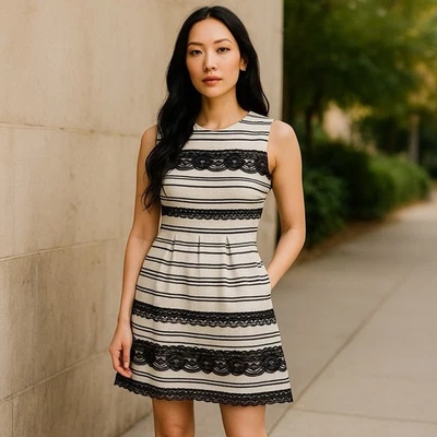 Vestido Allen Schwartz Tejido Para Mujer S Crema Negro Encaje Ribete Ajuste y Acampanado Elegancia Foto 1 de 4