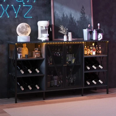 Farmhouse Wine Bar Cabinet with Wine Rack and Glass Holder, Rustic Coffee Bar... - Image 1 of 4