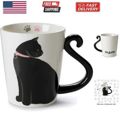 Taza de café o té blanca de cerámica Black Cat - Taza con forma de animal con estampado a mano... Foto 1 de 4