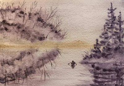 Original Artwork Modern Painting Landscape LONELY FISHERMAN BOAT Art Seascape A5 - Image 1 of 4