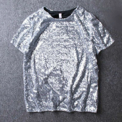 Mens Short Sleeve Sequin T-shirt Stage Performance Top Tee Shirt Party Retro - Image 1 of 4