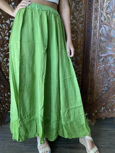 Boho Chic Gypsy Parrot Green Embroidered Long Skirt A-line Peasant Skirts S/M 
