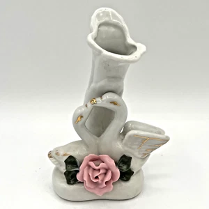 Vintage Porcelain Bud Vase - Kissing Swans Gold Accents & Pink Rose Figurine - Picture 1 of 11