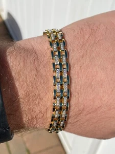 10k Gold Plated Real Solid 925 Silver Iced Men's Presidential Link Bracelet CZ - Picture 1 of 14