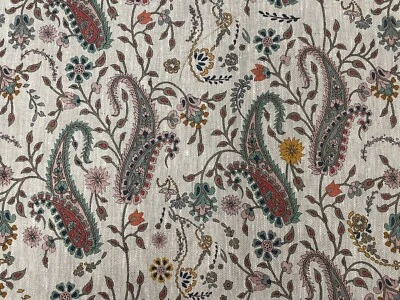 Harper Floral Paisley Linen Fabric AQUA PINK Curtain Upholstery Blind 100% Linen - Image 1 of 4