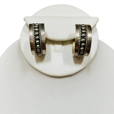 Brincos de argola de prata esterlina mexicano robusto bola larga frisada perfurada vintage 20g - Imagem 1 de 4