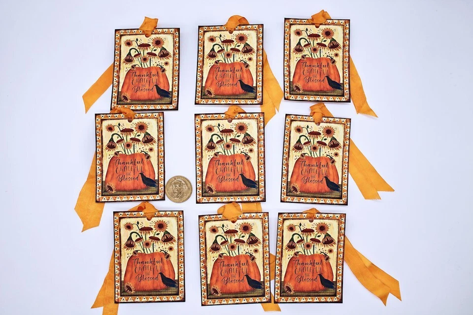 9~Primitive~Thanksgiving~Thankful~Linen Cardstock~Gift~Hang~Tags - Image 1 of 1