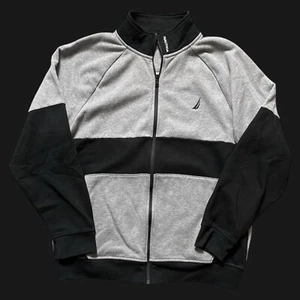 VTG Nautica 90s Spellout Color Block Full Zip Fleece Sweatshirt XL Gray Black - Picture 1 of 4
