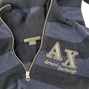 Armani Exchange 1/2 Zip Blue Striped Sweater Men's Size M Slim - Picture 1 of 11