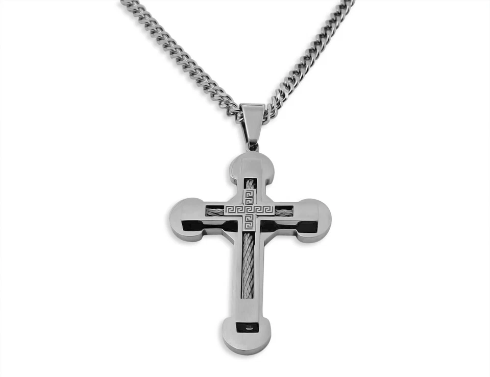 Edelstahl Halskette Ø 4mm 40 - 75cm mit Kreuz Anhänger 58 x 42mm in Silber (1435 - Bild 1 von 1