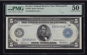 US 1914 $5 FRN Minneapolis Burke/MacAdoo FR 876 PMG 50 AU (251) - Picture 1 of 2